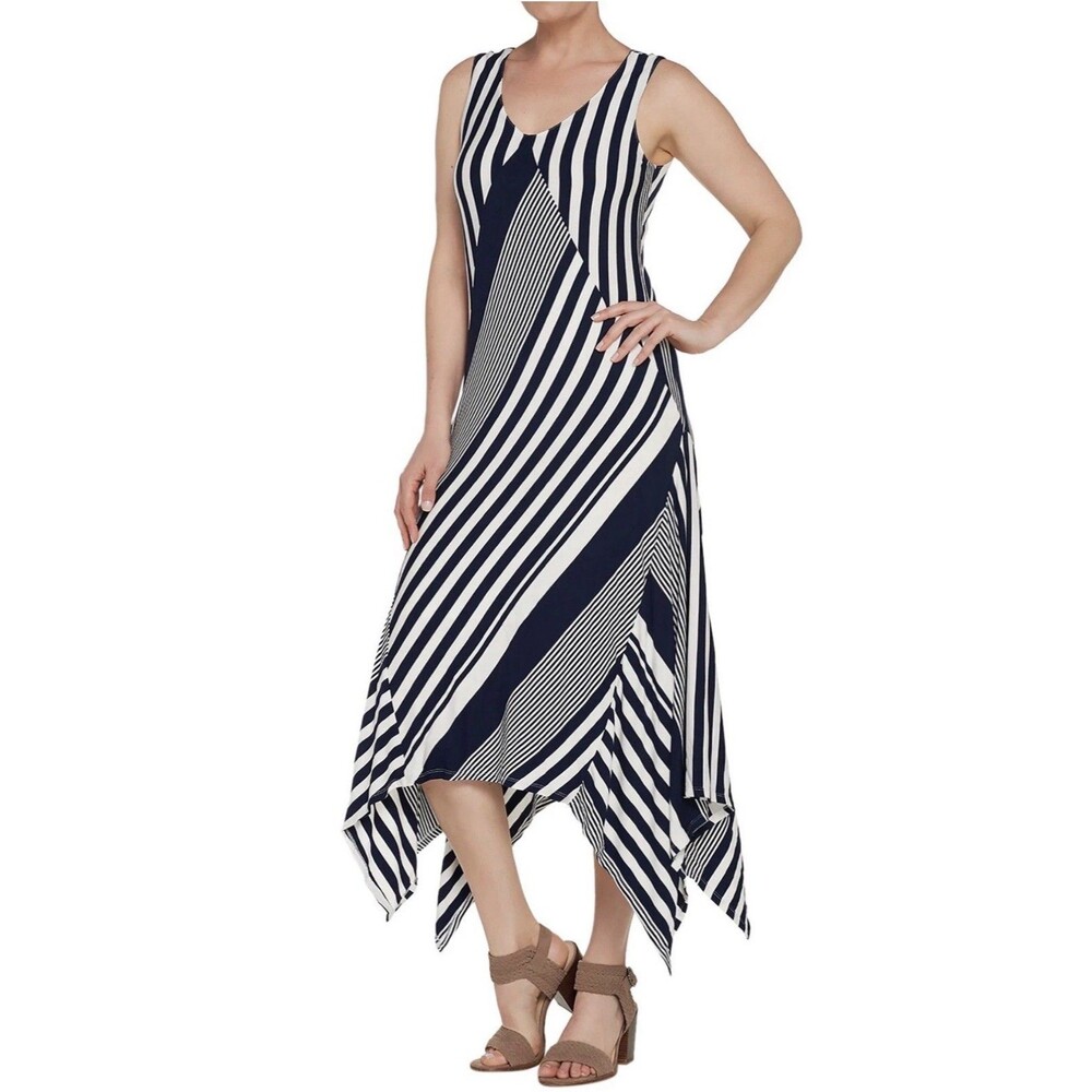 LAURIE FELT Asymmetrical Striped Handkerchief V-Neck Blue White Stripe Dress  XL